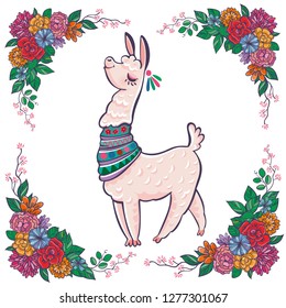 Beautiful llama, alpaca portrait with flowers frame. Vector, sketch, outline, cartoon Illustration