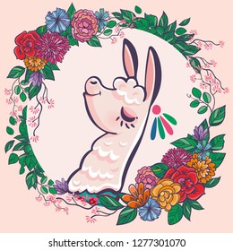 Beautiful llama, alpaca portrait with flowers frame. Vector, sketch, outline, cartoon Illustration