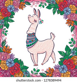 Beautiful llama, alpaca portrait with flowers frame. Vector, sketch, outline, cartoon Illustration