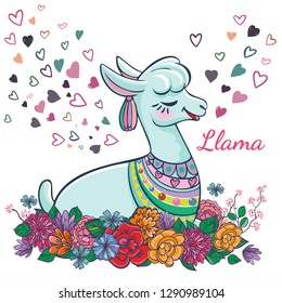 Beautiful llama, alpaca portrait with flowers frame. Vector, sketch, outline, cartoon Illustration