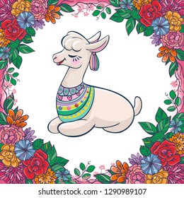Beautiful llama, alpaca portrait with flowers frame. Vector, sketch, outline, cartoon Illustration