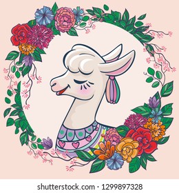 Beautiful llama, alpaca portrait with flowers frame. Vector, sketch, outline, cartoon Illustration