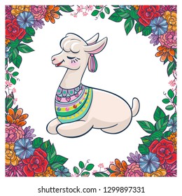 Beautiful llama, alpaca portrait with flowers frame. Vector, sketch, outline, cartoon Illustration