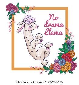 Beautiful llama, alpaca portrait with flowers frame. Vector, sketch, outline, cartoon Illustration