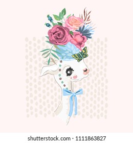 Beautiful llama, alpaca with vintage vase with floral, flowers bouquet, butterfly and tied bow. Vector, sketch, outline, cartoon illustration