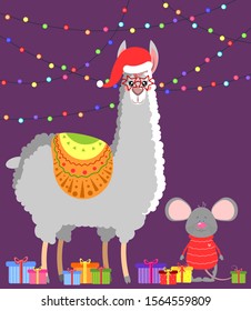 Beautiful llama and gray mouse with gifts boxes and garland. Merry Christmas card, poster or decor.