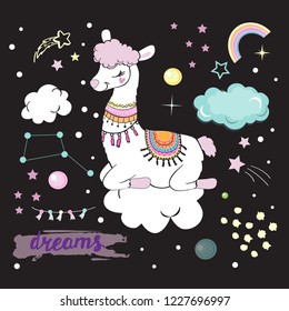 Beautiful Llama  with inscription dreams on a black background