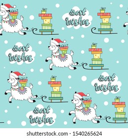 Beautiful llama in a santa claus hat carries gifts in a sleigh and the inscription with the best wishes on a blue background seamless pattern