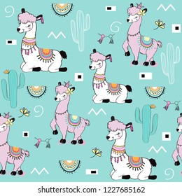 Beautiful Llama seamless pattern on a blue background