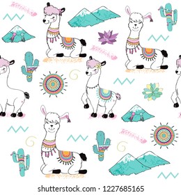 Beautiful Llama seamless pattern on a white background