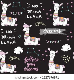 Beautiful Llama seamless pattern on a black background