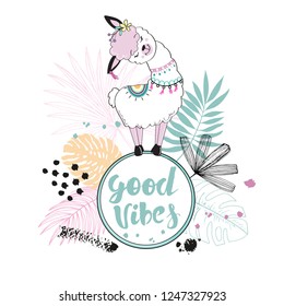 Beautiful llama, tropical leaves and the inscription good vibes