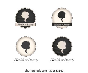 Beautiful logo collection of a lady cameo with an afro hairstyle in vintage circular frames and business name text. Vector health and beauty set.