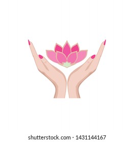 Beautiful logo design for spa salon with female hands holding a pink lotus flower on white background