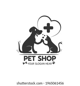 Beautiful Logo Icon Cat And Dog High Five Hand With Heart, Stylized Image Of Cat And Dog Logo Template, Creative Logo Design Cat And Dog Silhouette, Pet Care Logo  Vector Illustration