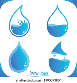 A beautiful logo or icon in the form of a clean drop of water. Four options made in different styles. Water bottle, mineral water, glass container, transparent container.