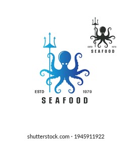 Beautiful logo icon Octopus holding trident seafood concept, Stylized image of Octopus isolated logo template, Octopus tattoo  silhouette on white background Vector illustration