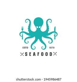 Beautiful logo icon Octopus holding catlery seafood concept, Stylized image of Octopus isolated logo template, Octopus tattoo  silhouette on white background Vector illustration