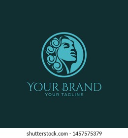 beautiful logo template of luxury woman's face with curly hair in round shape