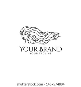 beautiful logo template of woman's face with curly long hair in black and white color