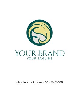 beautiful logo template of woman's face and stylish hair in round shape