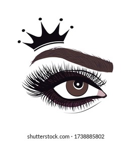 Beautiful Logo With Woman's Eye, Eyelash And Eyebrow With Crown. Realistic Sexy Makeup Look. Tattoo Design. Logo For Brow Bar, Makeup Artist. Or Lash Salon. Princess, Queen Beauty Girl.