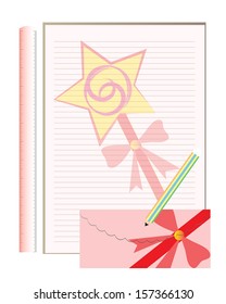 The beautiful lollipop pattern of letter paper, ruler and envelope