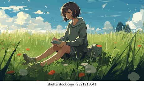 Beautiful lonely anime girl landscape wallpaper