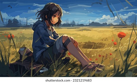 Beautiful lonely anime girl landscape wallpaper