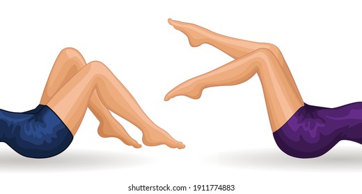 Beautiful long bent legs of two fair-skinned girls in realistic style isolated on white background. Beauty Studio Template. 
Vector stock illustration