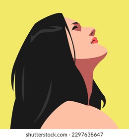 hermosa mujer de cabello largo y negro mirando hacia arriba. para avatar, perfil de medios sociales, web, imprenta, afiche, pegatina, etc ilustración vectorial plana.