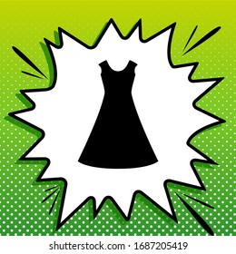 Beautiful long dress sign. Black Icon on white popart Splash at green background with white spots. Illustration.