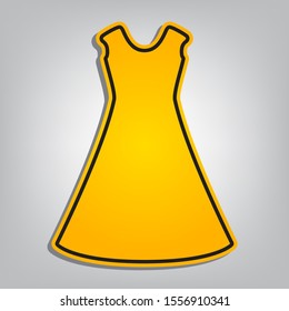 Beautiful long dress sign. Flat orange icon with overlapping linear black icon with gray shadow at whitish background. Illustration.