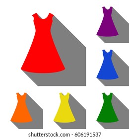 beautiful long dress sign Set of red, orange, yellow, green, blue and violet icons at white background with flat shadow.