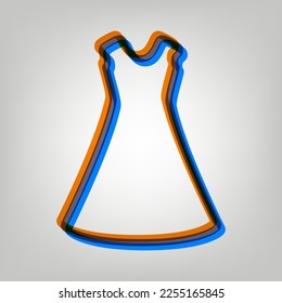 Beautiful long dress sign. Stroked Icon in orange, azure and old lavender Colors at gray Background. Illustration.