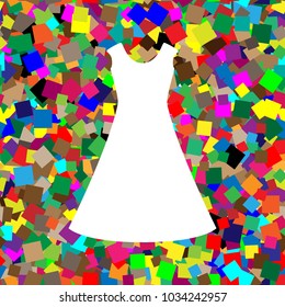 Beautiful long dress sign. Vector. White icon on colorful background with seamless pattern from squares.