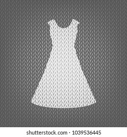 Beautiful long dress sign. Vector. White knitted icon on gray knitted background. Isolated.