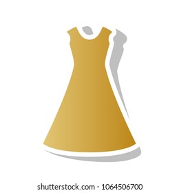 Beautiful long dress sign. Vector. Golden gradient icon with white contour and rotated gray shadow at white background.
