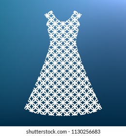 Beautiful long dress sign. Vector. White textured icon at lapis lazuli gradient background.