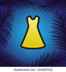 Beautiful long dress sign. Vector. Golden icon with black contour at blue background with branches of palm trees.