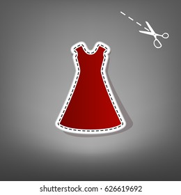 beautiful long dress sign. Vector. Red icon with for applique from paper with shadow on gray background with scissors.