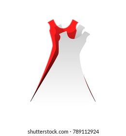 Beautiful long dress sign. Vector. Detachable paper icon with red body stock. Isolated.