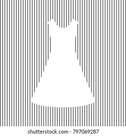 Beautiful long dress sign. Vector. White icon on grayish striped background. Optical illusion.