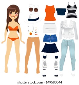 Beautiful long hair brunette woman paper doll game clothing set collection