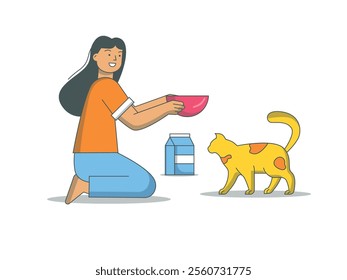 Beautiful long hair woman giving milk to lovely cat. happy with a favorite pet. Character design. Vector flat illustration