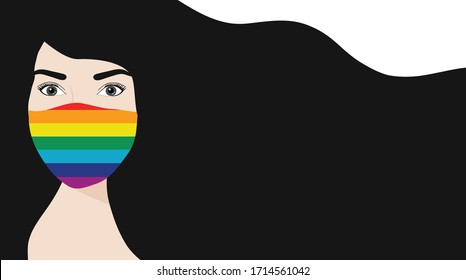 Beautiful long hair woman wearing rainbow face mask to protect COVID-19 disease vector illustration. LGBT transgender rainbow concept  