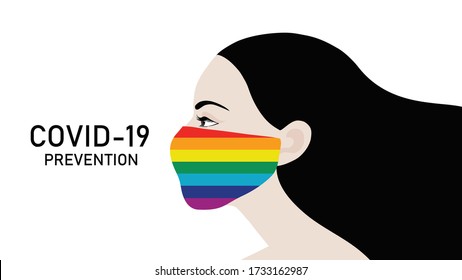 Beautiful long hair woman wearing rainbow face mask to protect COVID  19 disease vector illustration  LGBT transgender rainbow concept   new concept after covid  19 pandemic