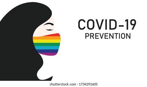 Beautiful long hair woman wearing rainbow face mask to protect COVID-19 disease vector illustration. LGBT transgender rainbow concept