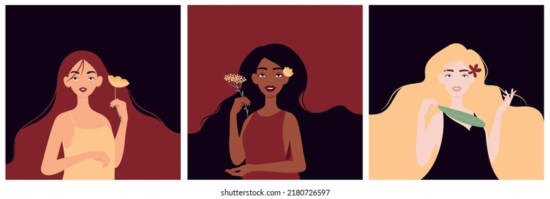 Beautiful long hair women in different poses. Different races. Red, black and blonde hair. Three cards with minimalistic illustrations.