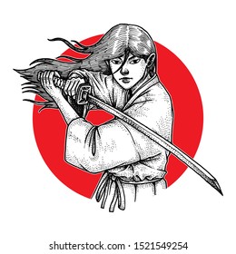 Beautiful Long Haired Samurai Holding Katana, Hand Drawn Pointillism Illustration, Isolated Vector.